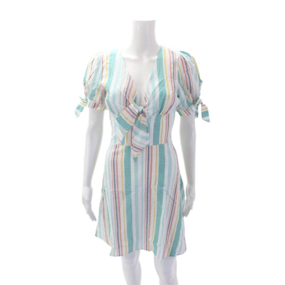 Le Rumi Womens Cotton V Neck Striped Tie Front A Line Dress Multicolor Size XS